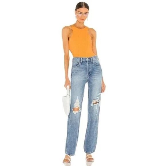 Re/done 90s High Rise Loose Button Fly Jeans in Destroyed Medium Blue Size 32 - Picture 1 of 9